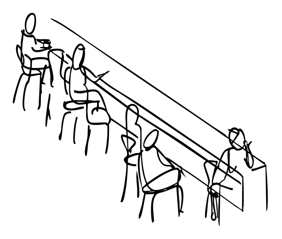 Ilustración de línea: clientes conversando en la barra de VRRO