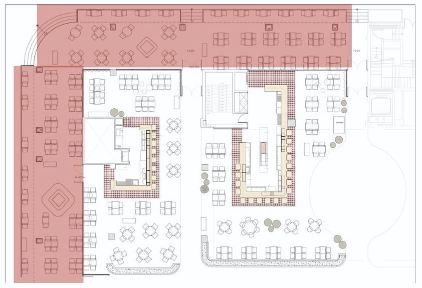 Plano del restaurante VRRO con la terraza resaltada para eventos